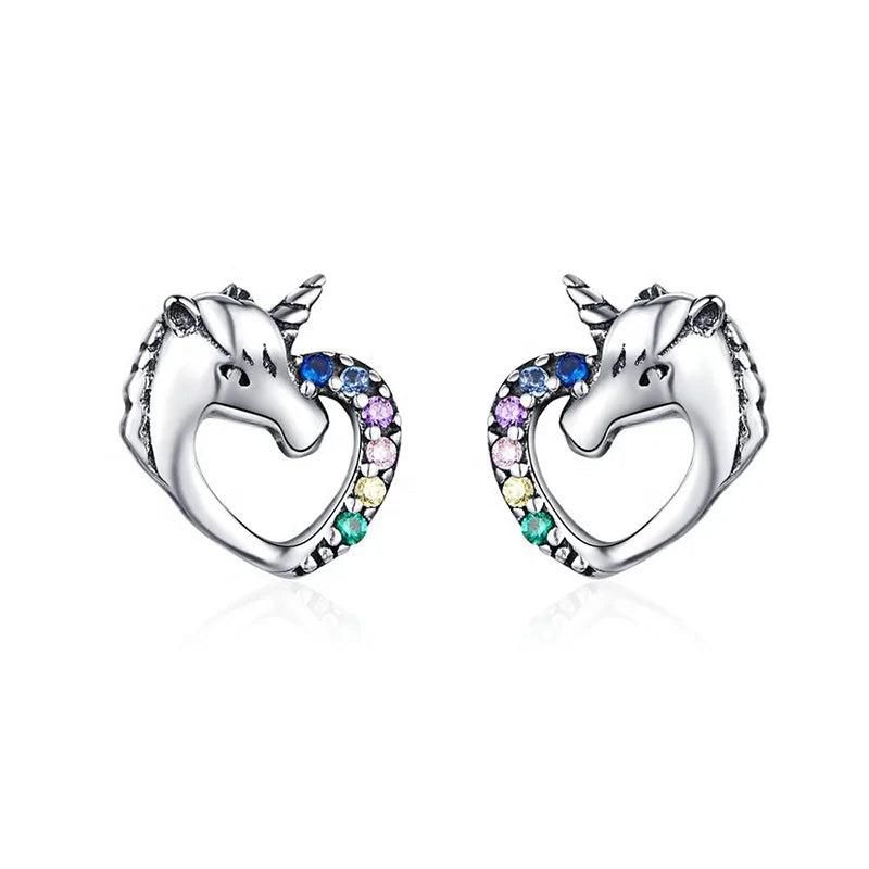 GT04 925 Sterling Silver Fashion Zircon Dazzling Unicorn Licorne Stud Earrings for Women Girl Cute Jewellery