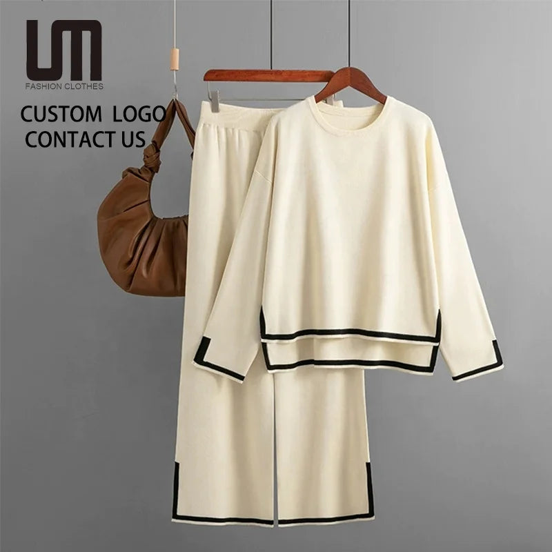 2025 New Design Women Autumn Winter Knitted 2 Piece Set Long Sleeve Tops & Wide Leg Pants Casual Loungewear Set Wholesale