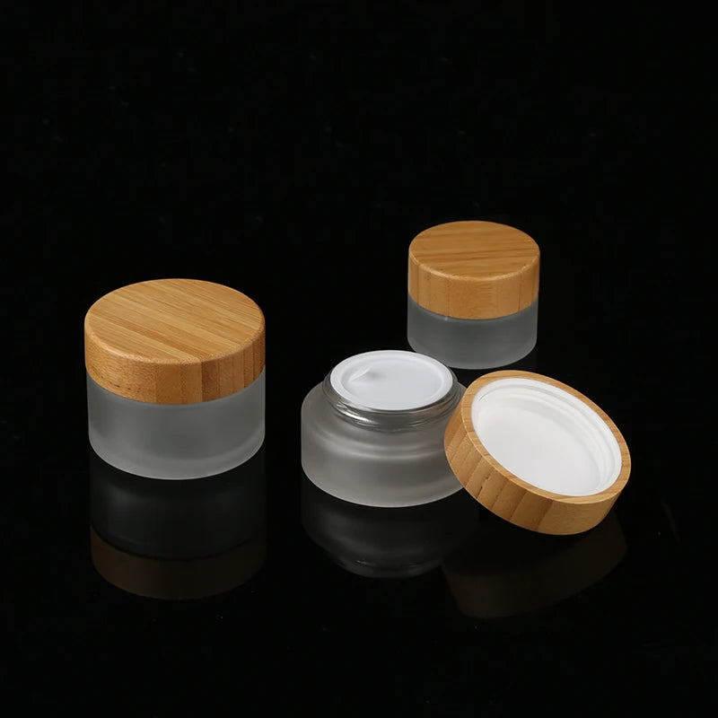 50g Frosted Glass Bamboo Wooden Cream Jar Luxury Bamboo Cosmetic Jar with Bamboo Lid