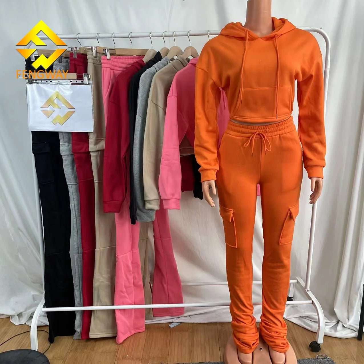 Sets for Women 2024 Winter Woman Clothing  Stacked Sweatpants With Crop Hoodie Thick Stacked  Jogger Pants  Set