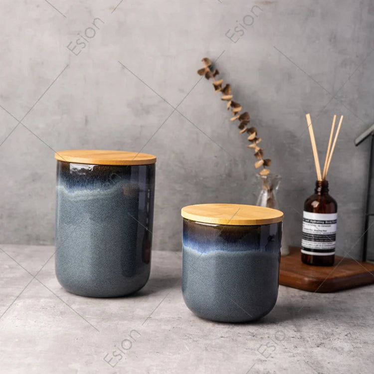 Factory Wholesale Reactive Glaze Stoneware Jar Nordic Kitchen Ceramic Storage Jar Food Container with Bamboo Lid