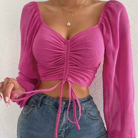 2023 Women's New Large Size Spliced Chiffon Drawstring Lantern Sleeves Tight Fashion Top