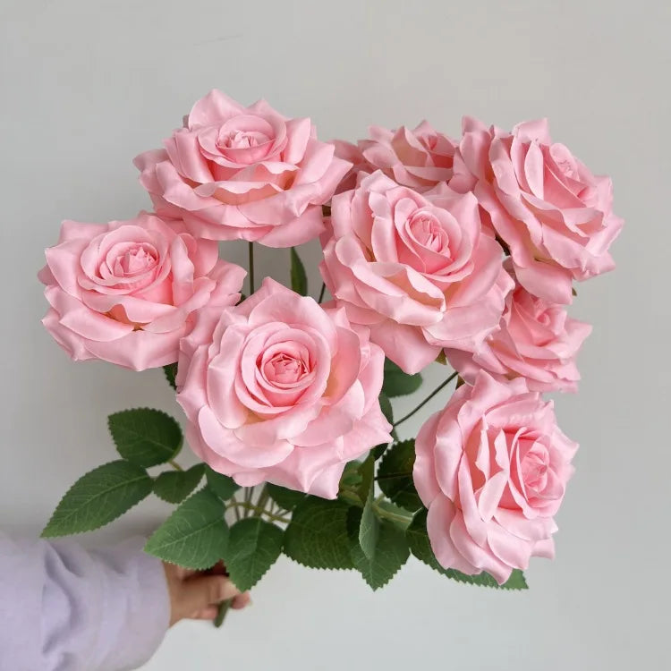 DS701 47cm Diamond Silk Artificial Roses 9-Head Pink & White Flowers for Wedding Christmas & Valentine's Day Decor