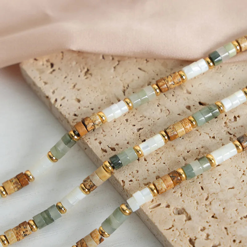 Waterproof 18k Gold Plated Stainless Steel Necklace Bohemian Multicolor Natural Stone Handmade Beaded Chokers Necklace for Women