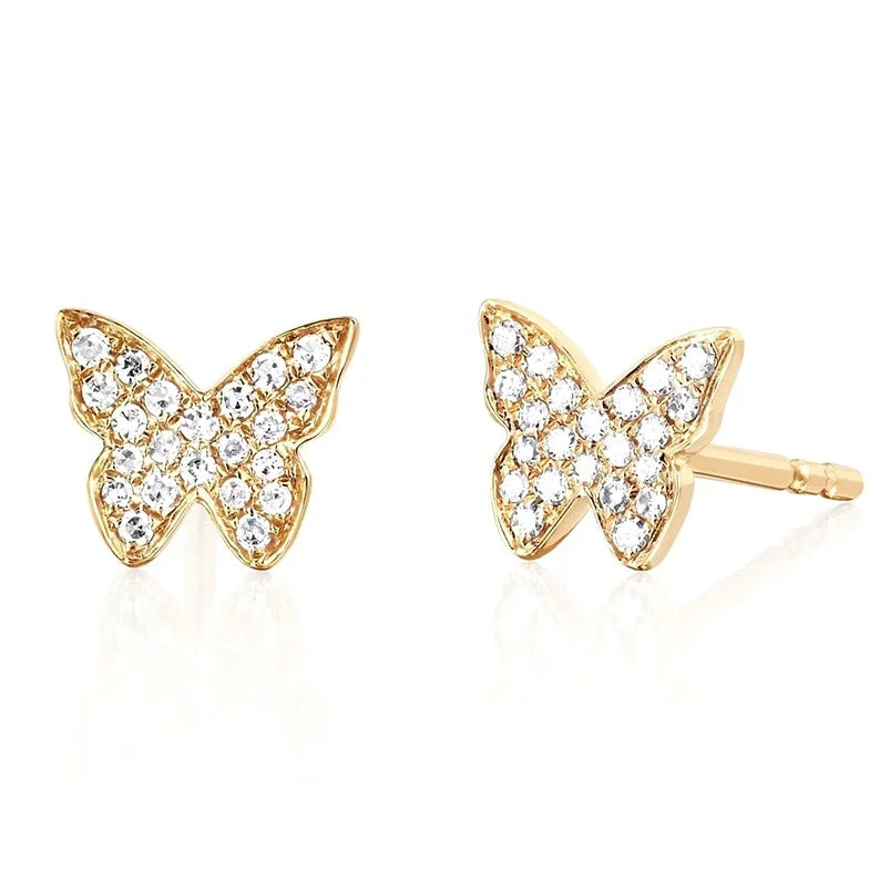 New 925 Silver 14k Gold Jewelry Diamond Double butterfly Stud Earrings for Women