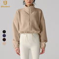 Fashion Winter Clothing Thickened Pocket Warm Zipper Coat Stand Collar Long Sleeve Yoga Sport Women Jacket