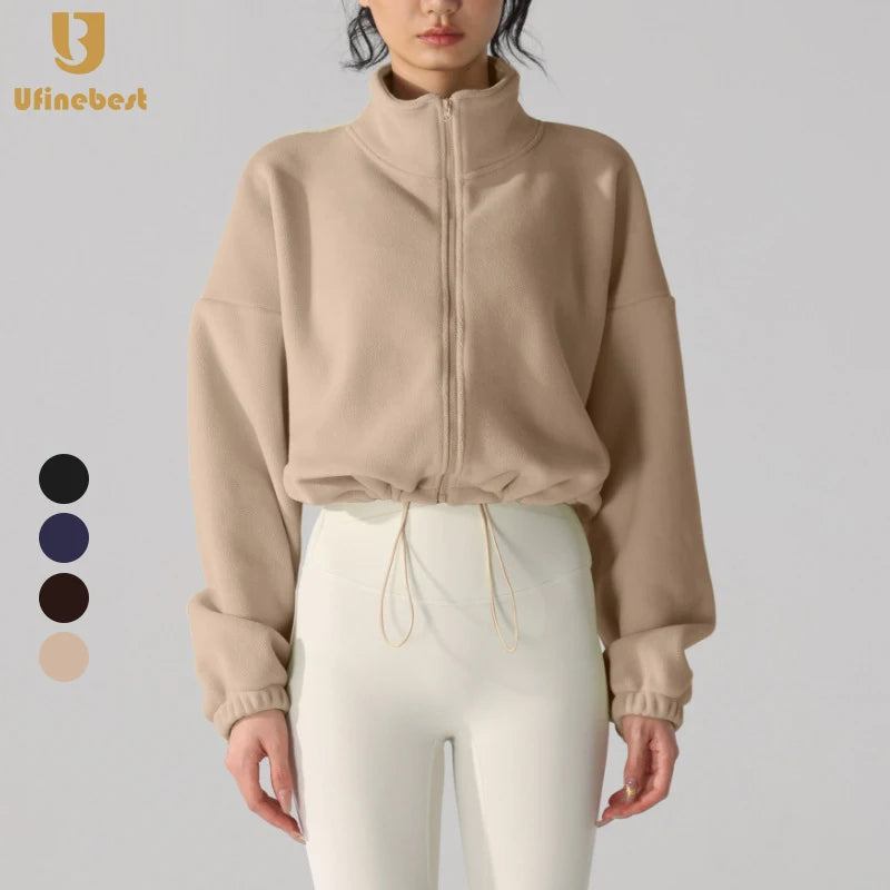 Fashion Winter Clothing Thickened Pocket Warm Zipper Coat Stand Collar Long Sleeve Yoga Sport Women Jacket