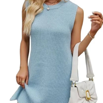 Spring/Summer New European and American Women's Solid Color Round Neck Knitted Skirt Fashion Commuter Split Dress