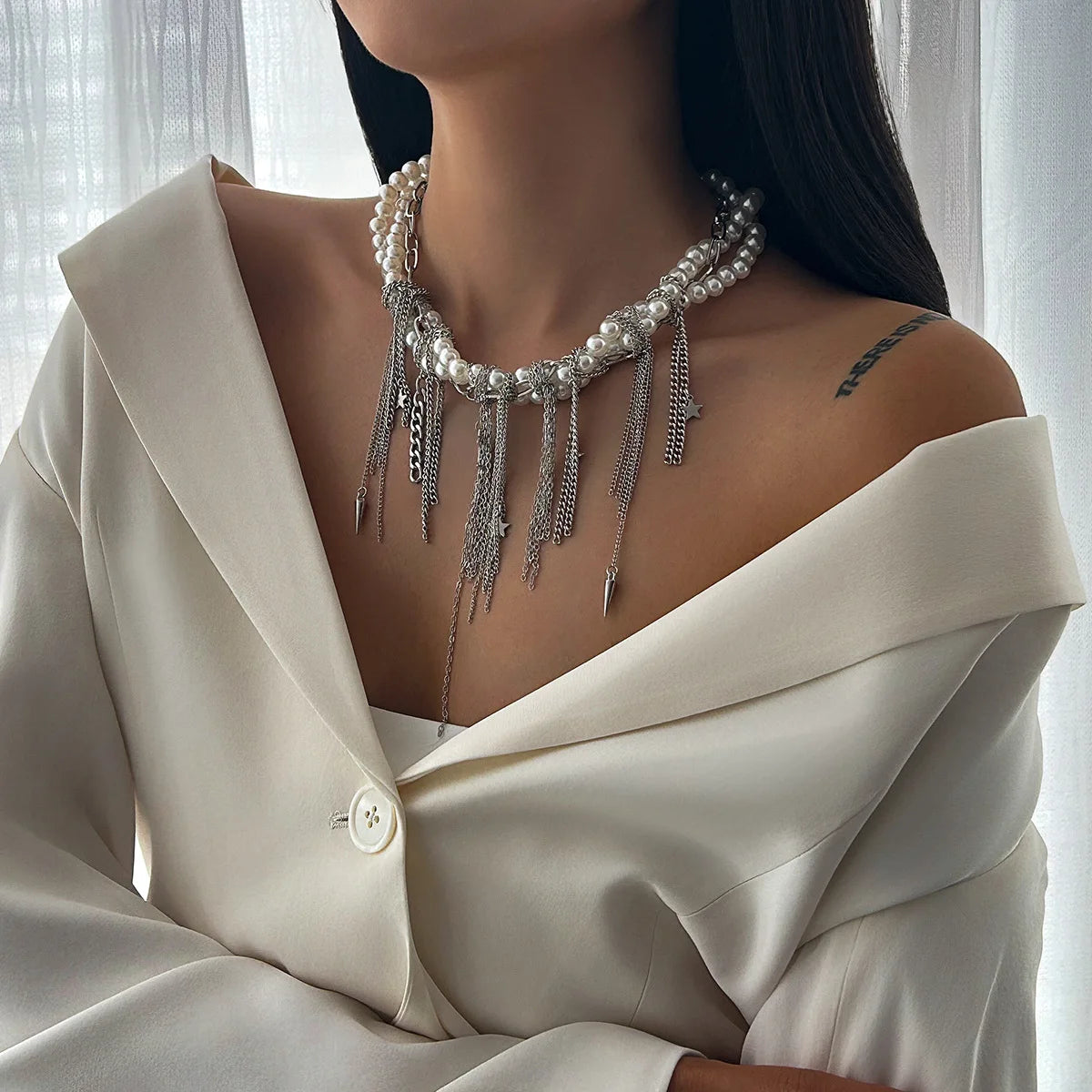 Gothic Style Star Moon Tassel Necklace Fashion Design Beaded Heart Cross Pearl Necklace for Women