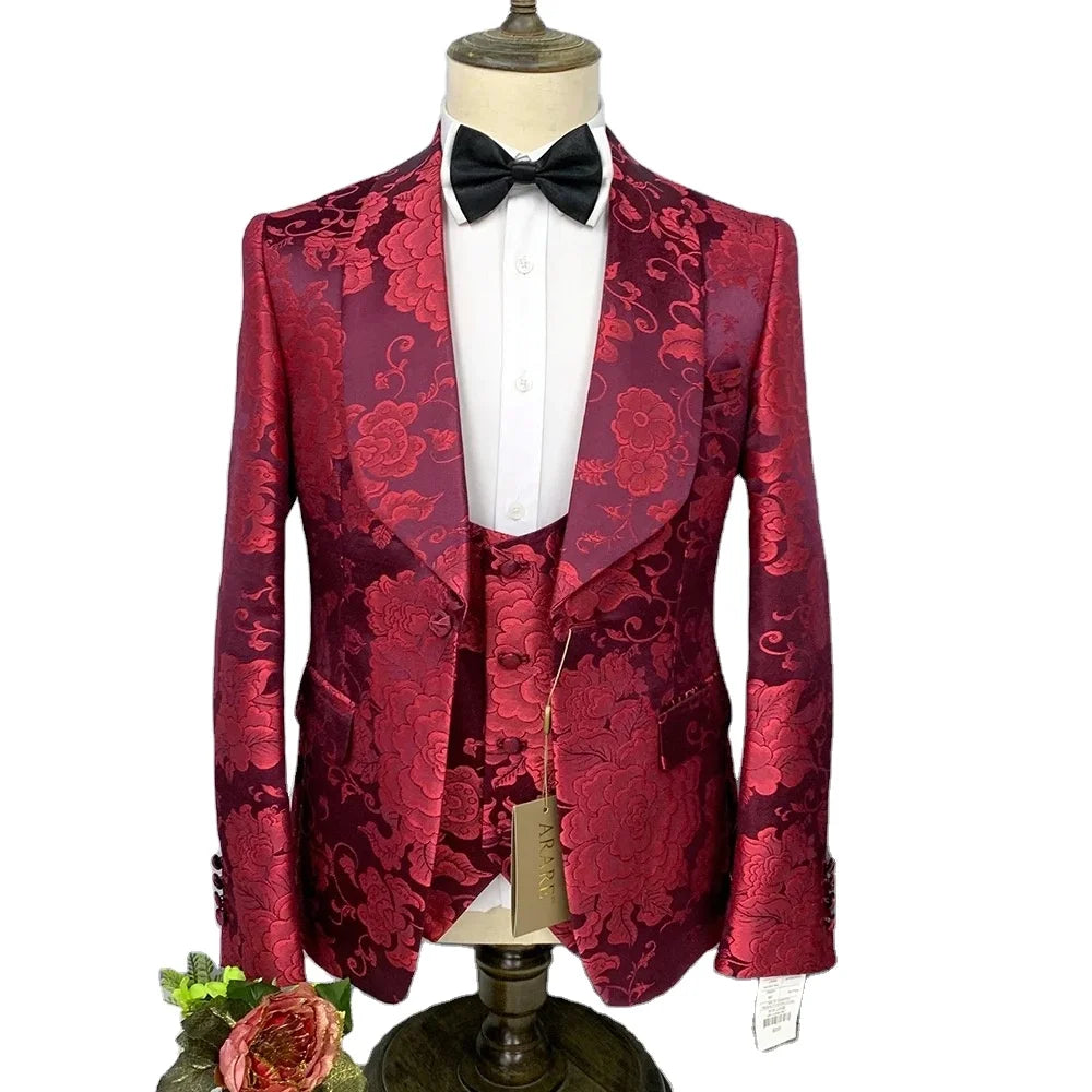 New Fashion Floral 3 Pieces Slim Fit Premium Wedding Suits Jacquard Men's Suit M0029