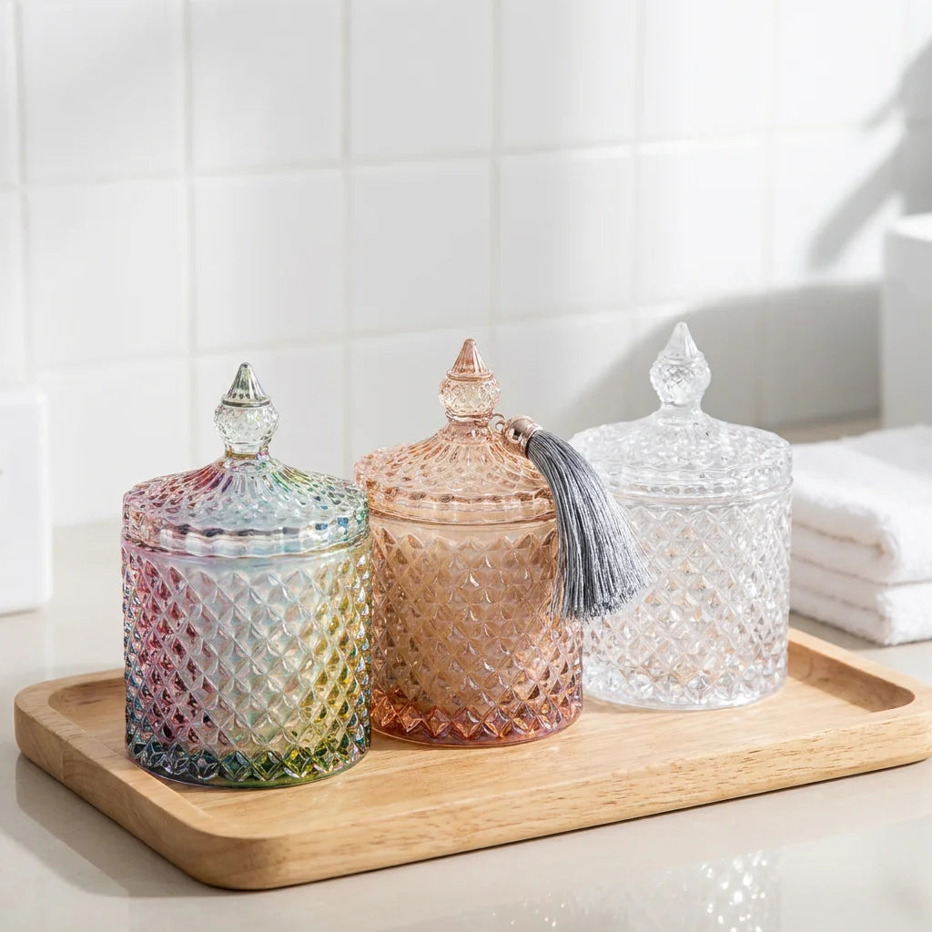 Wholesale Luxury Colorful Geo Cut Glass Candle Jars with Lid Christmas Jewelry Storage for Home and Wedding Decoration
