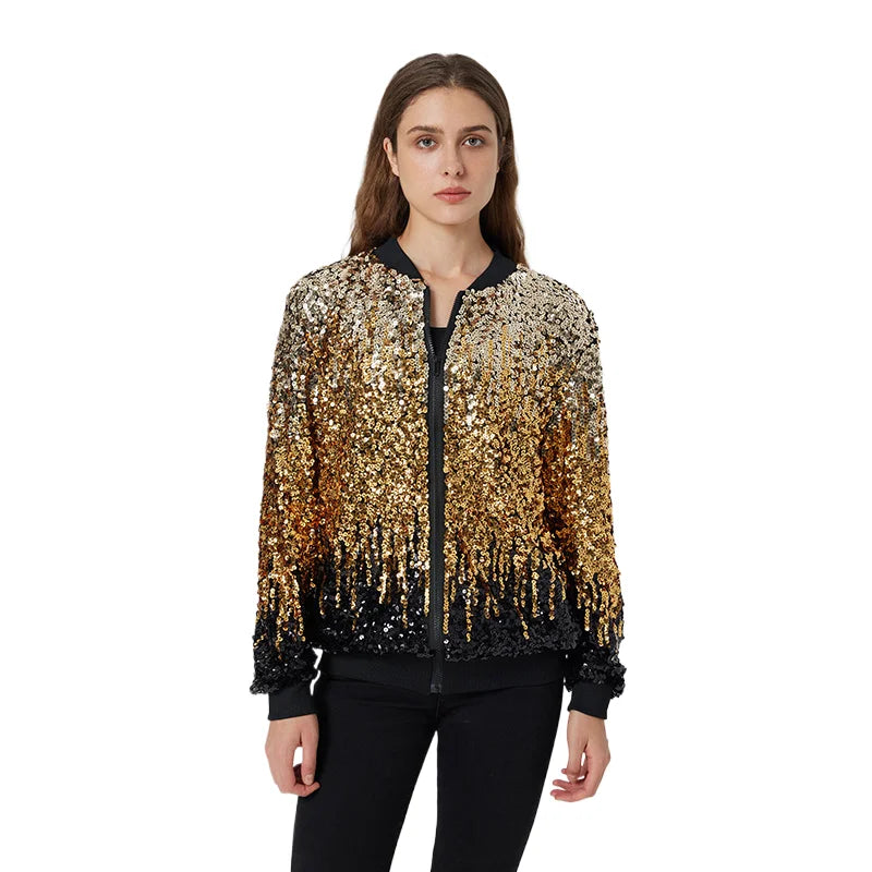 New Zipper Women's Baseball Fashion Dance Show Hop Sequin Glitter Long-sleeve Coat