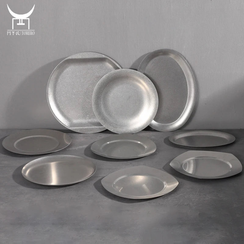 Vintage Stainless Steel Round Eco-Friendly Storage Fruit Dessert Bread Barbecue Tray Plate for Hotel Restaurant Coffee Shop