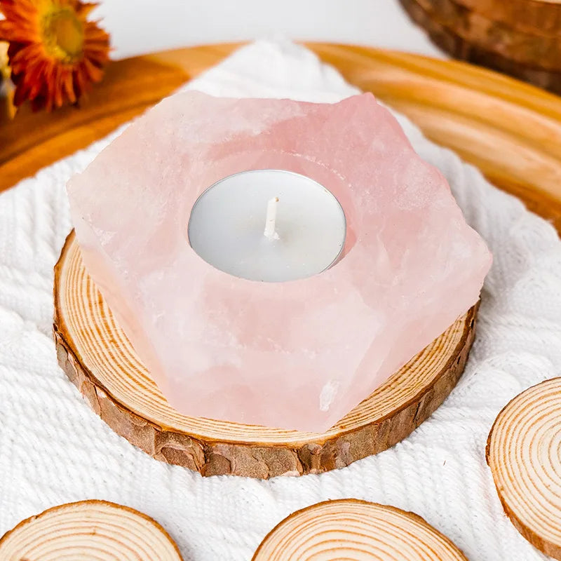 Natural Selenite Candle Holder Gemstone Tea Light Rough Fluorite Rose Quartz Candlestick