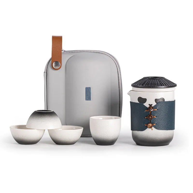 Handmade Portable Travel Kungfu Travel Tea Set Chinese Panda Ceramic Tea Set with 1 Teapot and 4 Teacups