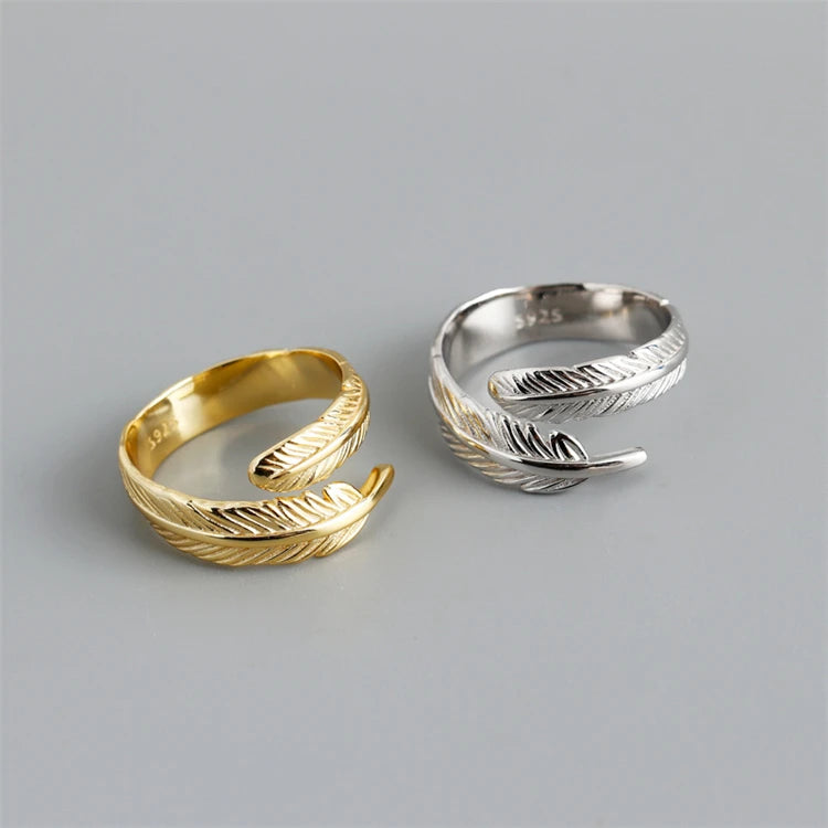New Trendy 925 Sterling Silver Feather Shape Open Adjustable Finger Ring Women Fine Fashion Jewelry