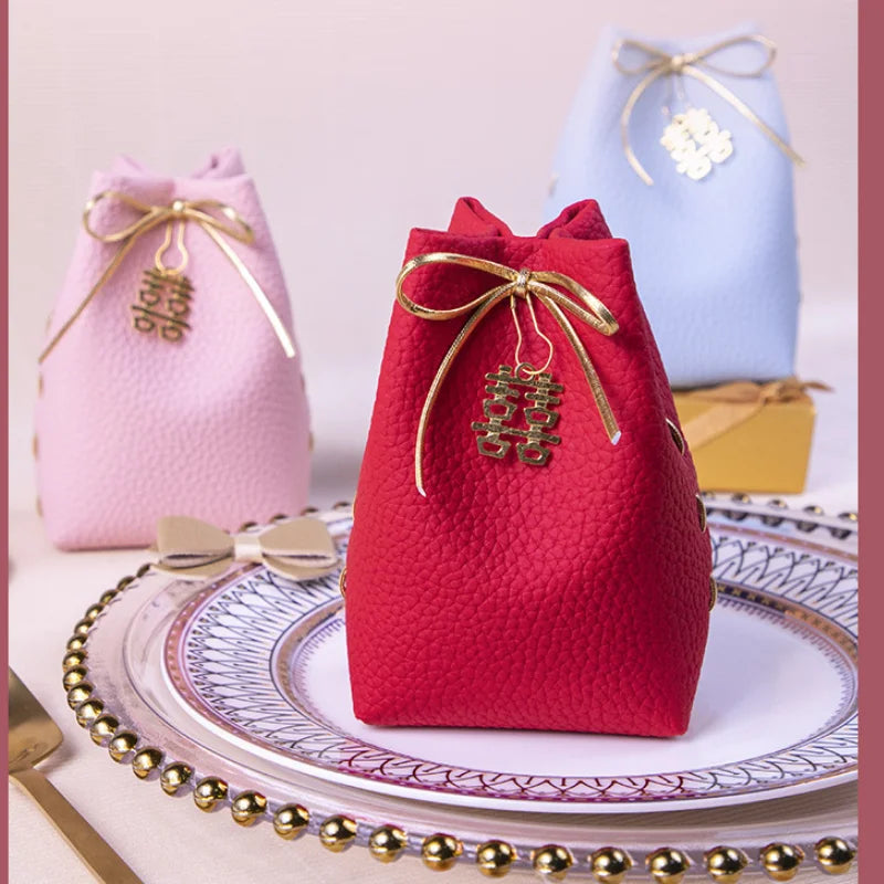 Leather Blue Gift Candy  Bags Cute Gift Box Packaging Small Boxes  With Drawstring  for Wedding Favors