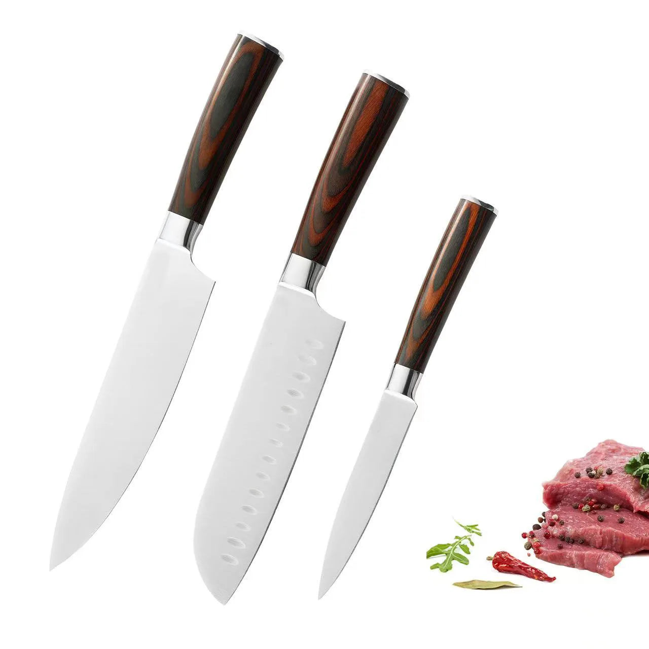 Hot Sales 3 Pieces Stainless Steel Wood Handle Kitchen Chef Santoku Utility Knife Set 60 Rockwell Hardness Ambidextrous