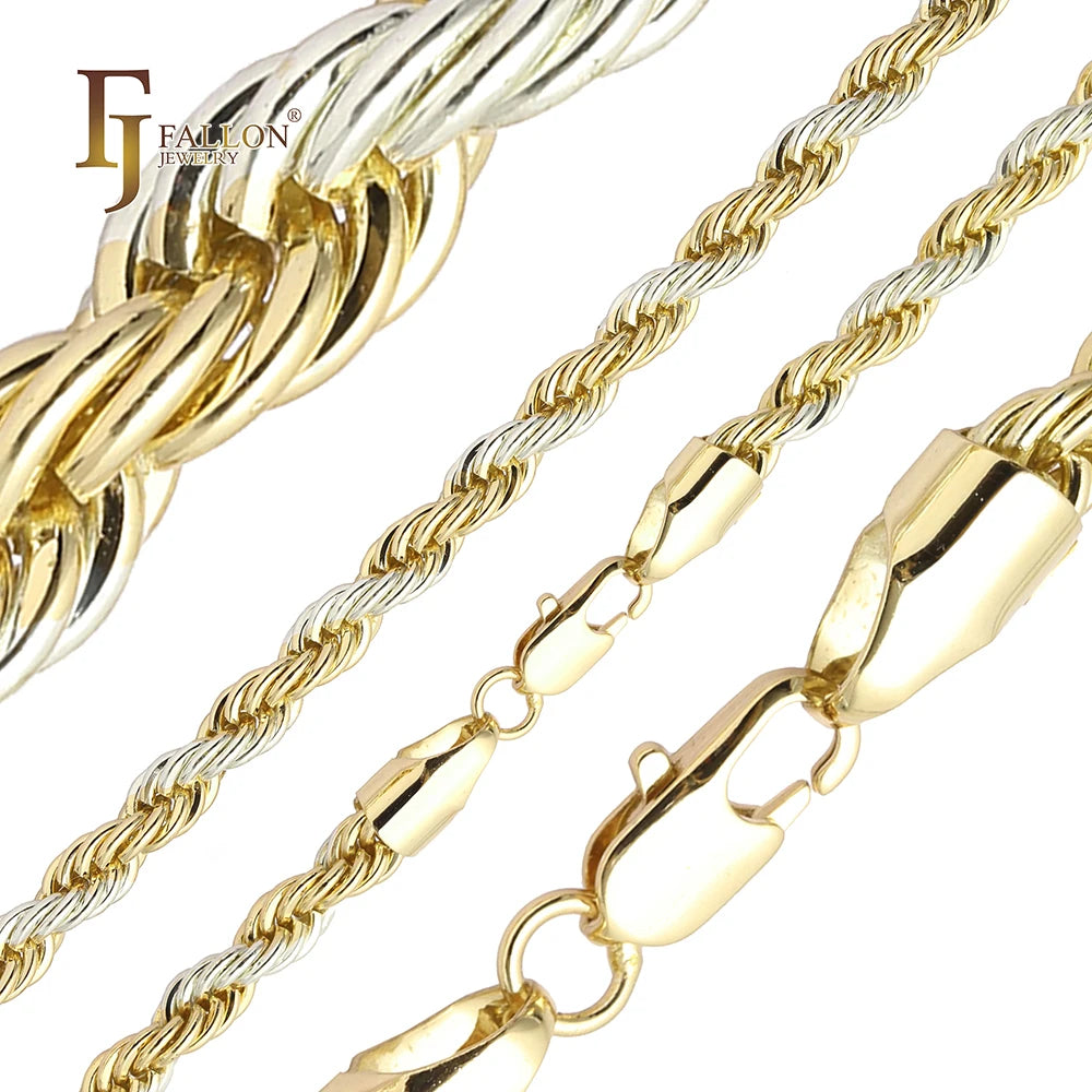 2.3mm+ FJ Fallon Fashion Jewelry Classic French Rope Chain Plated in 14K Gold Two Tone Brass Based Split