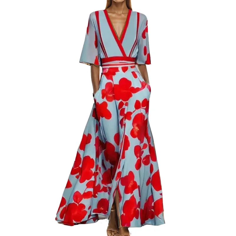 Ohsisa 2025 Summer  Women's New Fashionable and Elegant V-neck Half Sleeve Printed Casual Long Dress