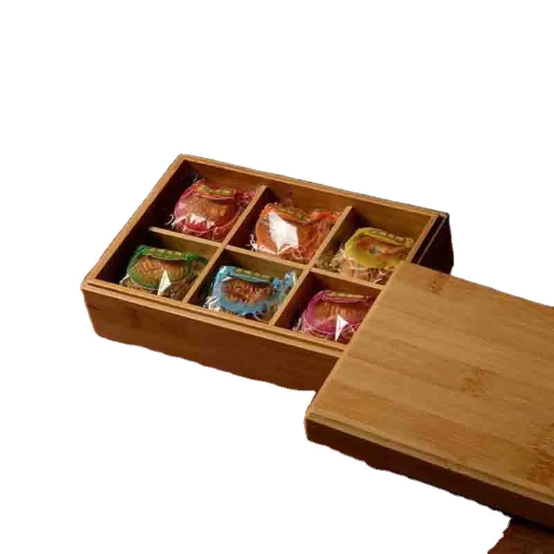 Modern Wooden Moon Cake Gift Box with Drop Lid 8 Compartments Bamboo Rectangle Shape for Storage Work Multifunctional Cake Box