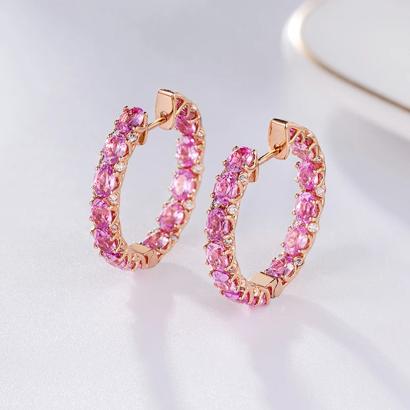 Fashion Jewelry Gold  Genuine 18k Solid Gold Natural Pink Sapphire Gemstone Women Ladies Hoop Earrings