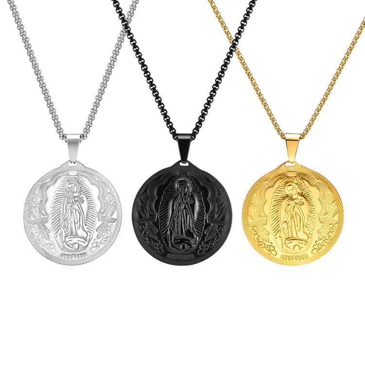 Tarnish Free Jewelry Gold Plated Virgin Mary Round Stainless Steel Pendant Necklace Men