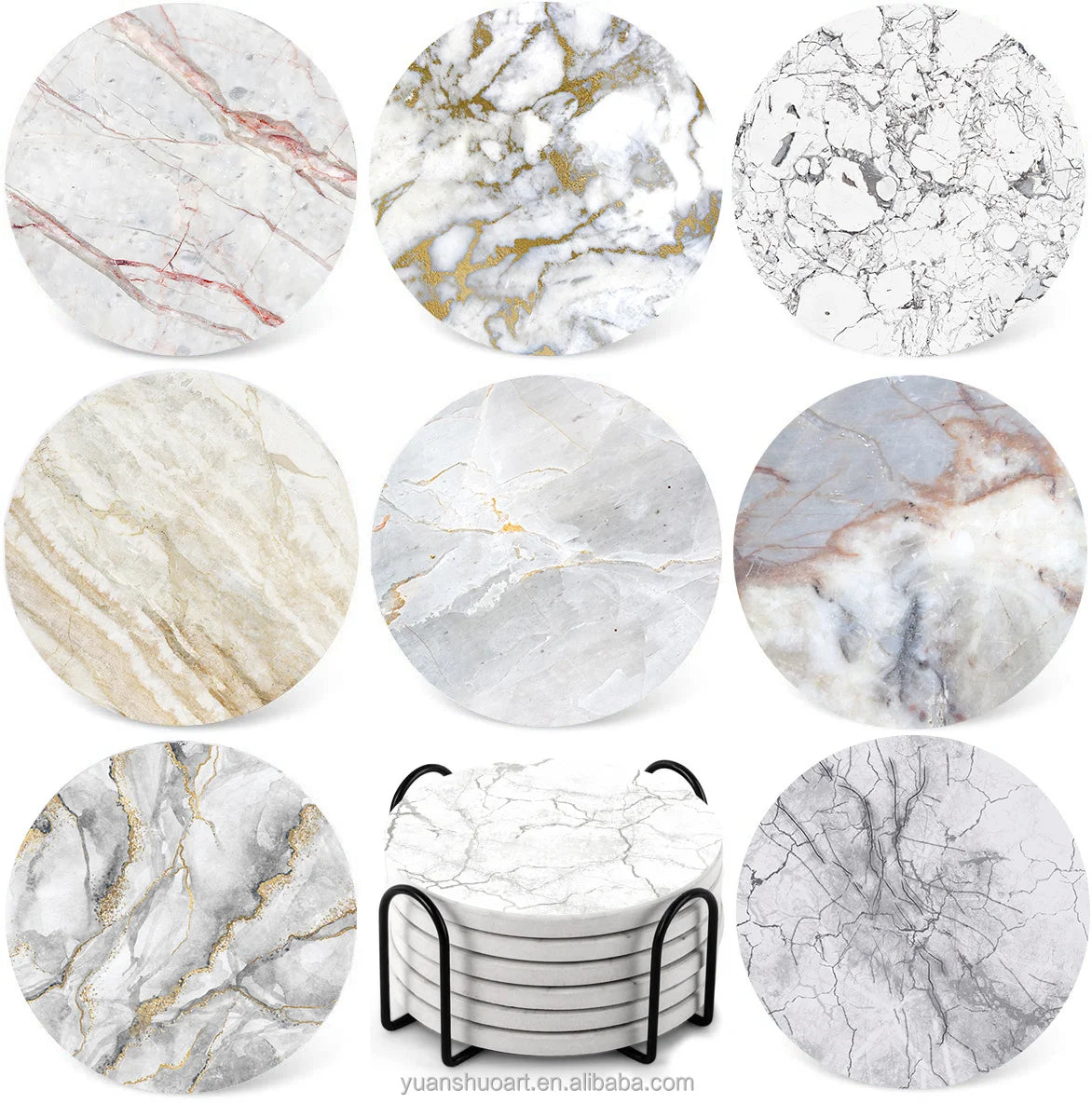 White Gold Marble Patterns Absorbent Coaster Cork Back Custom Blank Art Nordic Eco-Friendly UV Printed 8mm Thick Drink Coasters