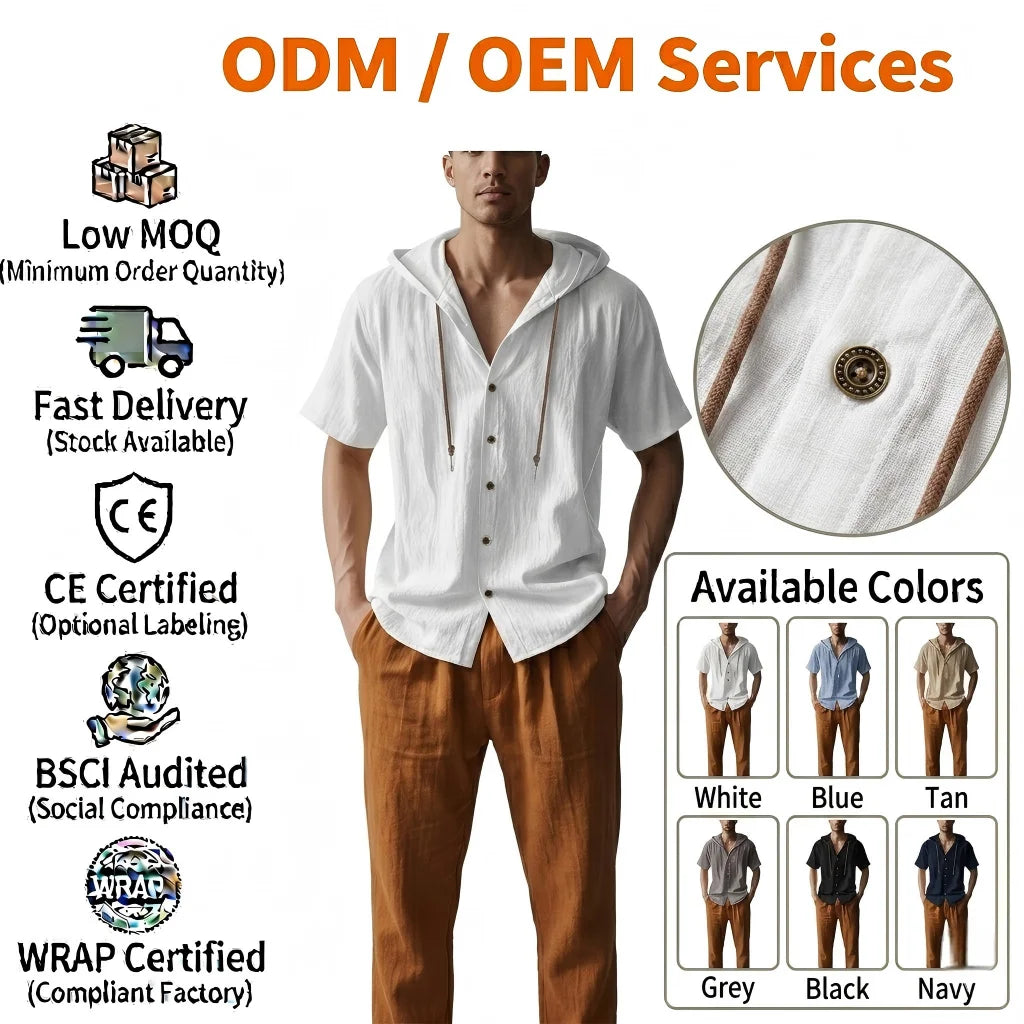 ODM EDM Men's Casual T Shirt 180 Grams  Summer Short-Sleeved Hooded Shirt Breathable Button Front Solid Pattern