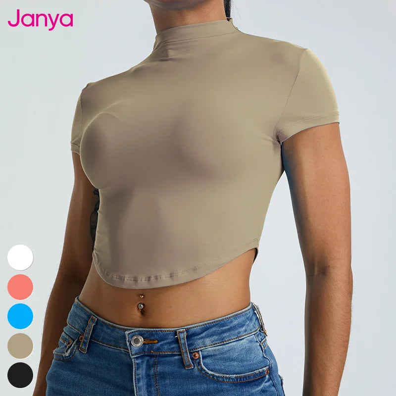 High Neck Nude Feeling Quick Dry Running Sports Tops Short Sleeve Workout T Shirts Gym Fitness Crop Top Yoga Shirt for Women