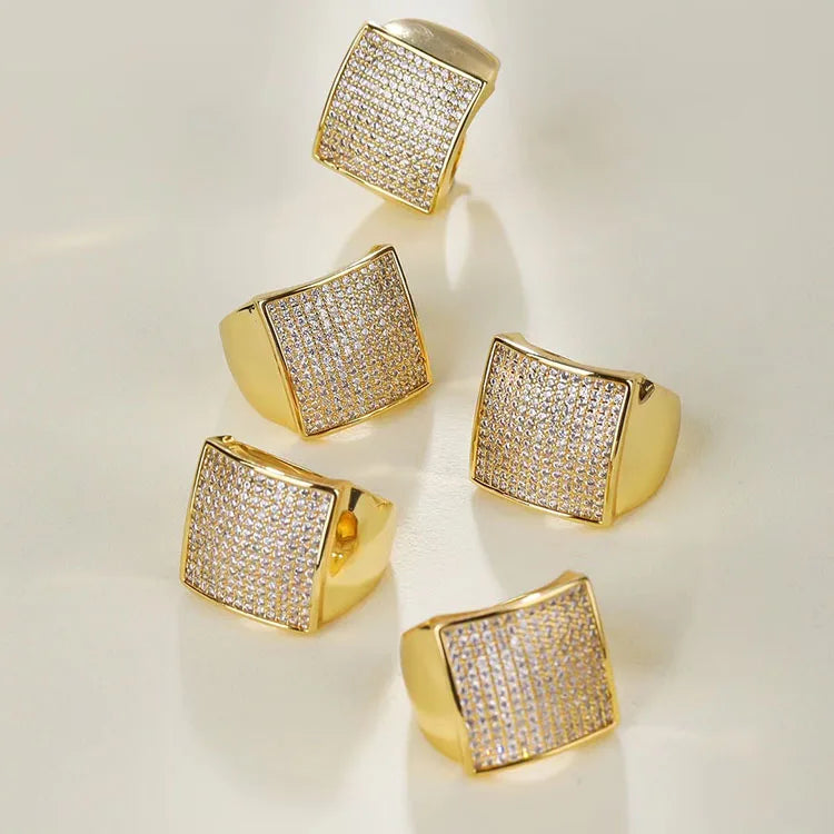 RM1568 Chunky 18K Gold Plated Cubic Zirconia Diamond Square Signet Ring CZ Zircon Diamond Thick Wide Signet Rings