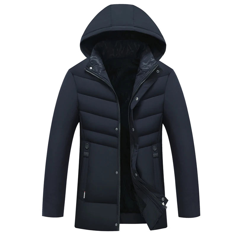 Hot Sales Custom Print Logo Men's Winter Street Wear Mid-length Hoodie Puffer Clothing Jacket Hooded Coat