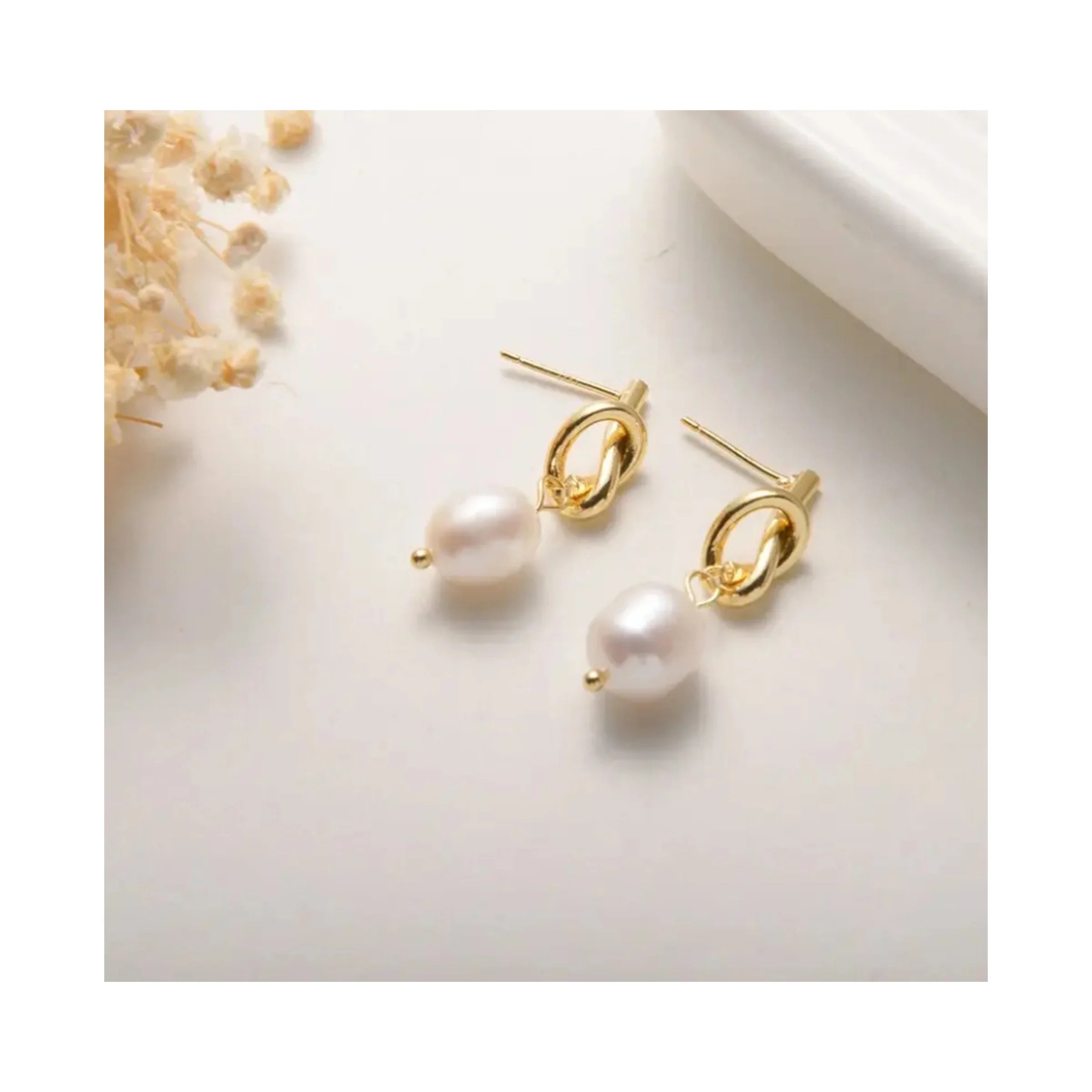 18K Gold Filled Knot Dangle Bridesmaid Stud Earrings Natural Freshwater Baroque Pearl Earrings for Wedding Gift