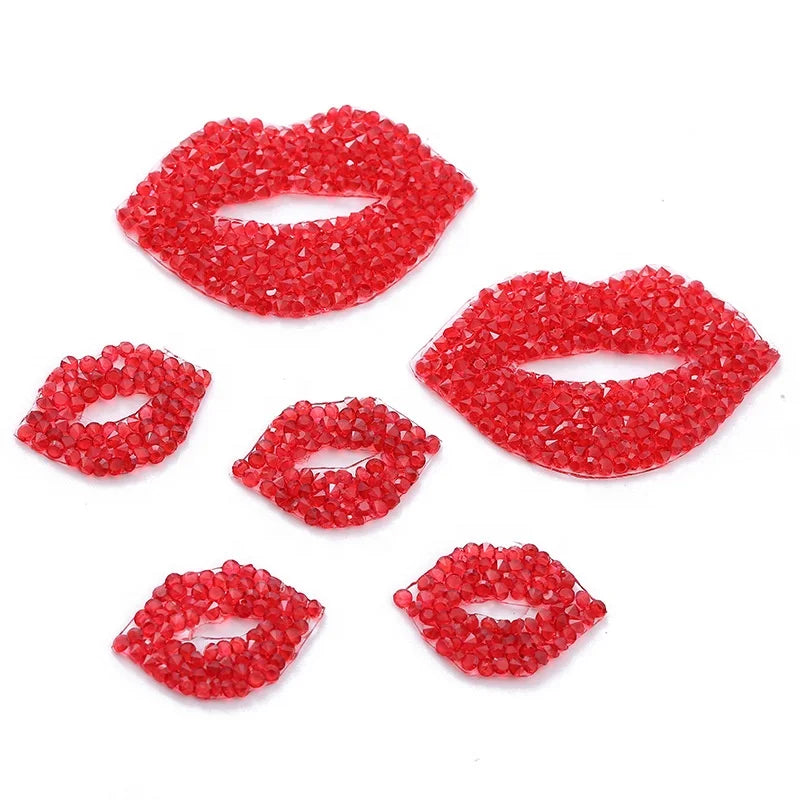 Customized Design Available Hat Accessory 3.3 cm Wide Iron on Heat Pressed Transfer Red Rhinestone Lips DIY Patch for Clothing
