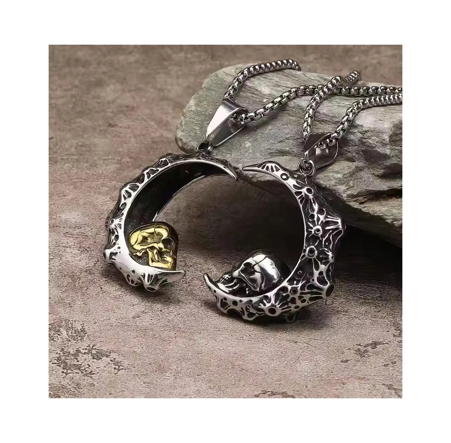 Hip Hop Jewelry Unique Design Moon Necklace Personality Charm Stainless Steel Skull Pendant Necklace for Men