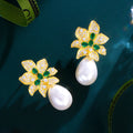 Grade Quality Real 18K Gold Plated Blooming Flower Shape Jewelry Green Cubic Zircon and Pearl Dangle Drop Earrings for Women