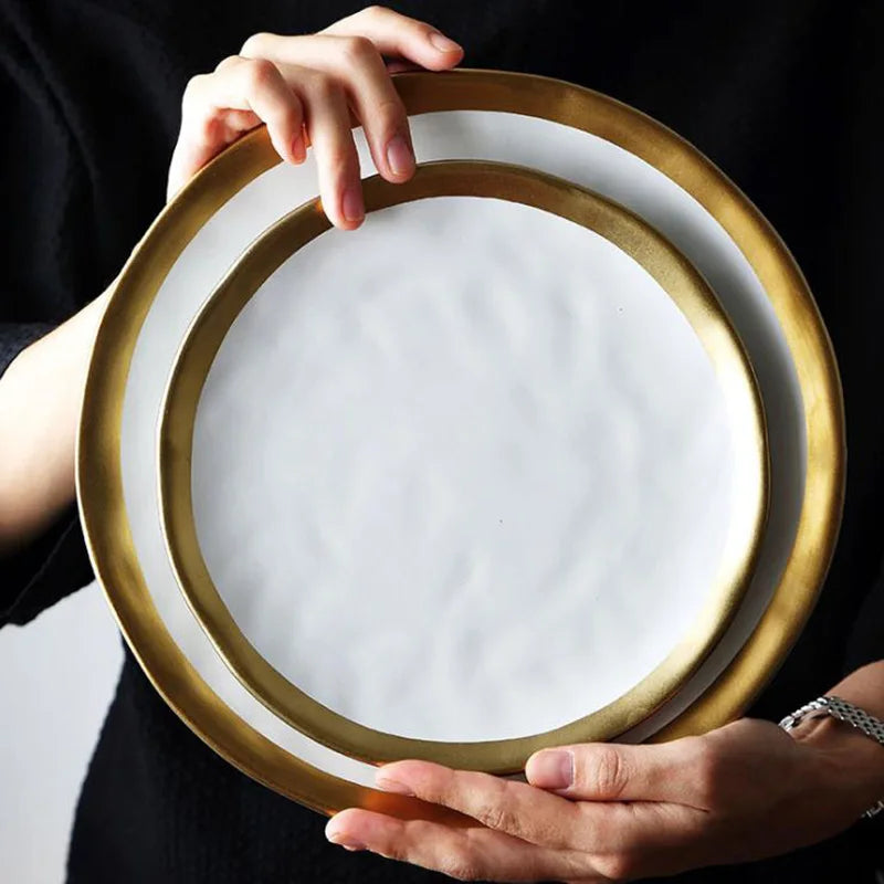SOLHUI 8 Inch 10 Inch Fancy Gold Ring Ceramic Dinner Plate Salad Dishes Tableware Set Kitchen Dinnerware Black