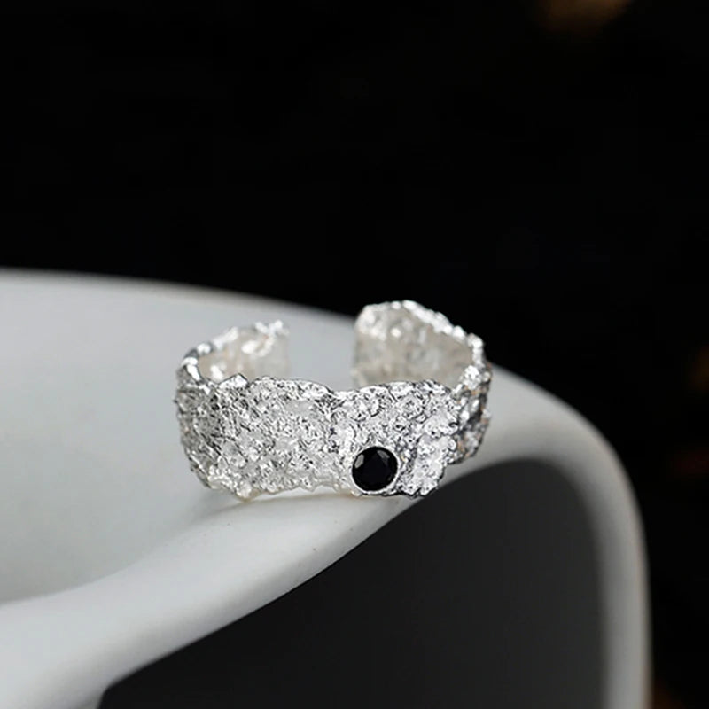 ICEBELA Fashion Jewelry 925 Sterling Silver Korean Version Simple Irregular Texture Female Open Black Natural Gemstones Rings