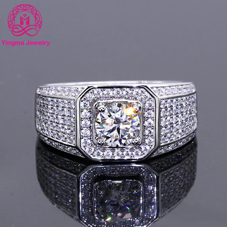 1ct/2ct/3ct Fashion 925 Sterling Silver Moissanite Ring Round Brilliant Cut White D Color Moissanite Mens Ring for Wedding
