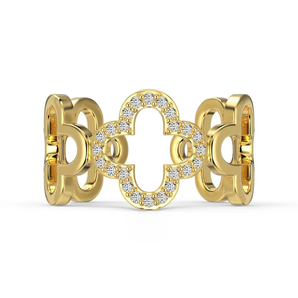 Simple and Elegant Open Hollow Flower Ring 925 Sterling Silver Gold Plated Four Leaf Clover Ring for Women