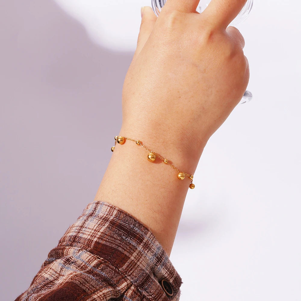 Hot Selling Unique Simple 18K Gold Beads Chain Bracelet PVD Plating Waterproof Thin Gold Ball Chain Bracelets