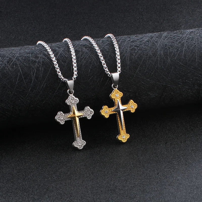 Personalized Stainless Steel Cross Pendant Necklace All-Match Hip-Hop Jewelry for Men and Women with Gold Plating Link Chain