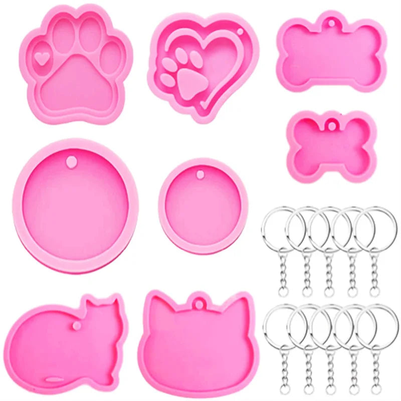 DIY Crafts Cake Fondant Dog Bone Shaped Keychain Silicone Resin Molds Heart Cat Paw Mold Dog Tag Charm Resin Molds for Keychains