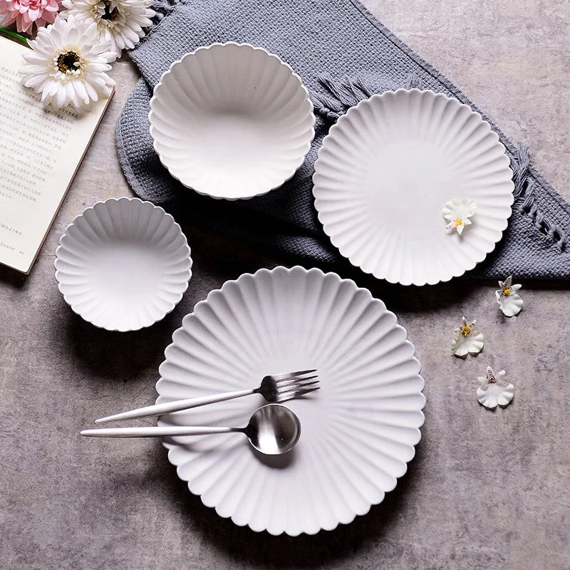 Japanese Chrysanthemum  Frosted Ceramic Household Plate Dish Creative Steak Plate Rice Bowl Western Cuisine Plate Dessert