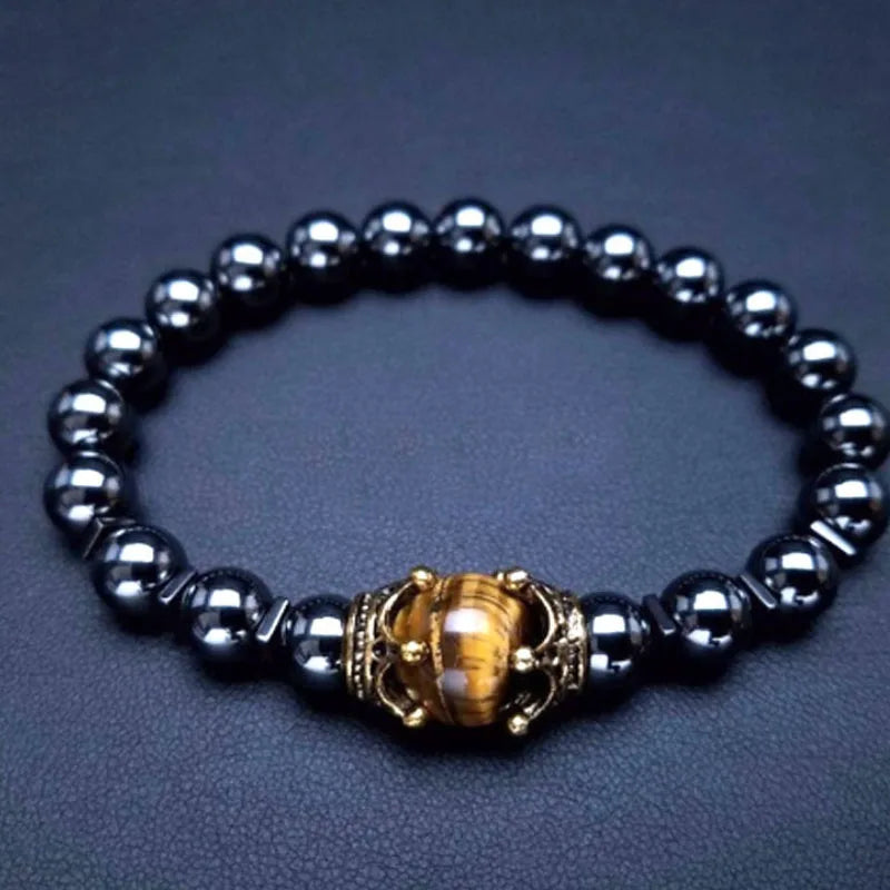 New Luxury Men's Alloy Crown Tiger Eye Pearl Stone Beads Bracelet Fashion Religious Christian Style Agate Main Stone Charm