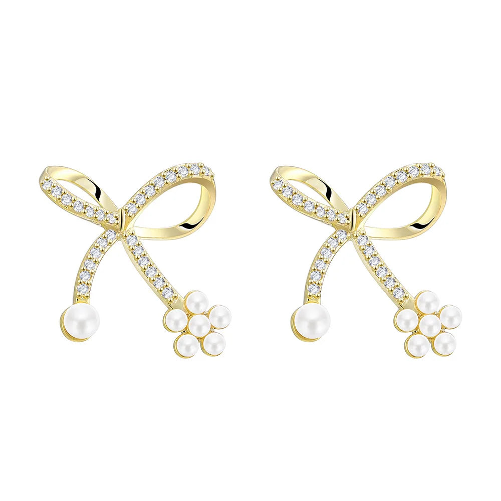 Brass Pearl Butterfly Bow Shape Crystal Bowknot Hip Hop Pendant Earrings