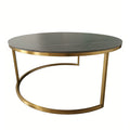 Light Luxury Dark Gray Slate Round Coffee Table with Gold Metal Ring Base Living Room Tea Table
