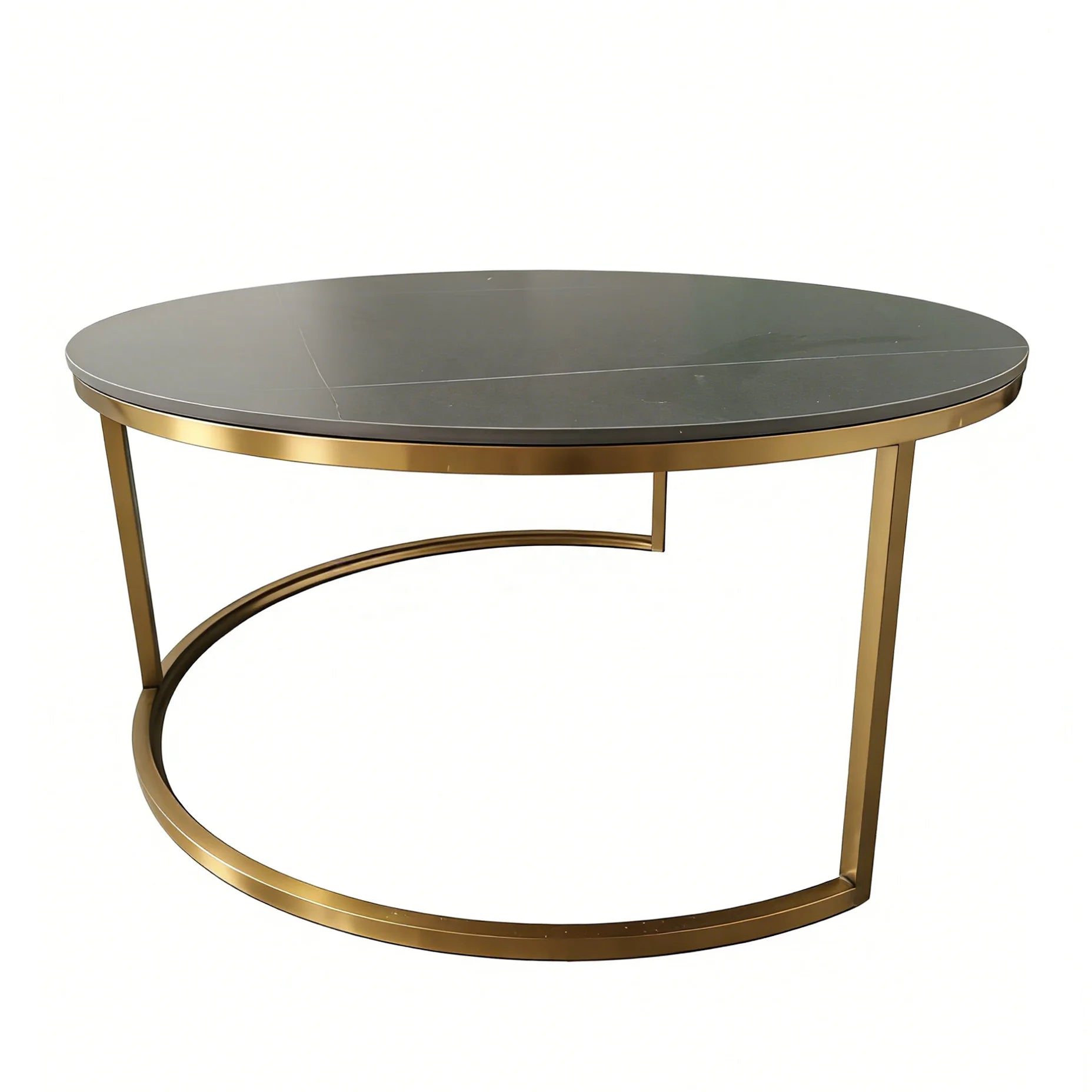 Light Luxury Dark Gray Slate Round Coffee Table with Gold Metal Ring Base Living Room Tea Table