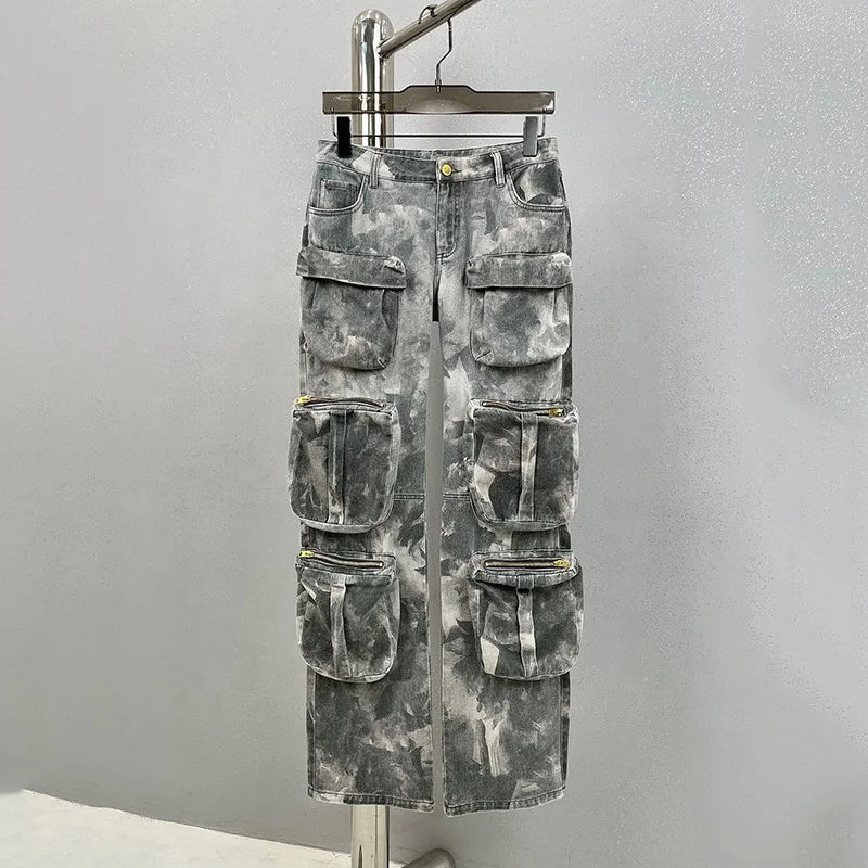 OUDINA Trendy Wholesale Camouflage Multi-pocket Loose Casual Trousers Camouflage Cargo Jean Women's Jeans