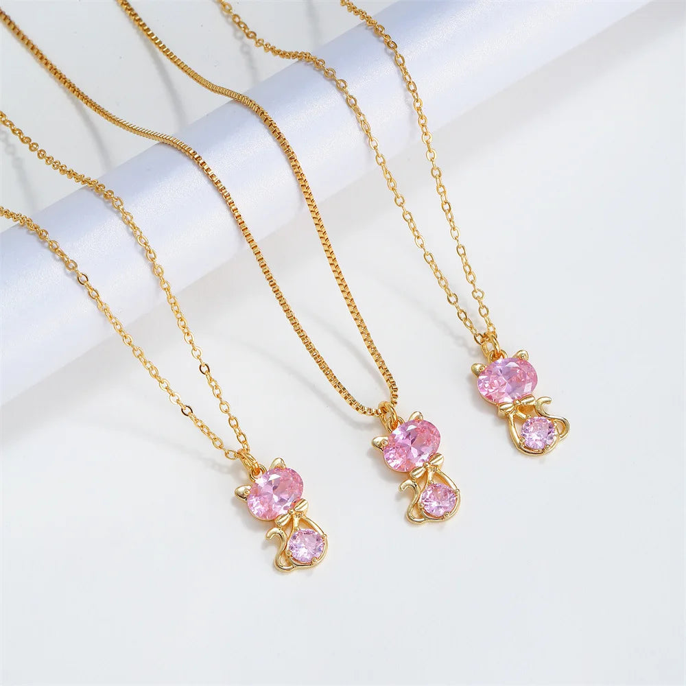 OEM Lovely Cat Clavicle Chain Necklace Female Pink Zircon Animal Pendant Box Chain Necklaces